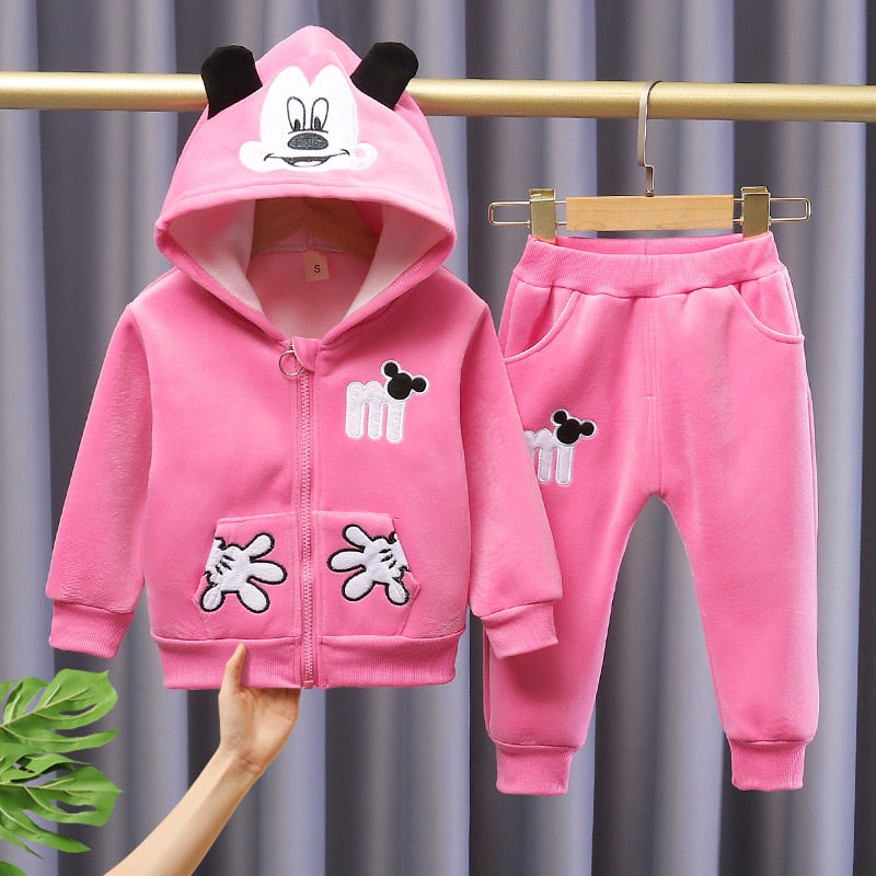 Autumn Winter Baby Girls Minnie Mickey Clothing Set Cartoon Hooded Outerwear Tops Pants 2Pcs Sport Suit Infant Kids Clothes